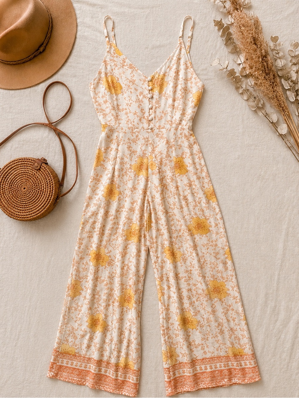 Floral Wide-Leg Jumpsuit in Cream and Mustard